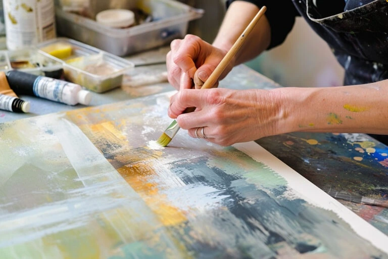 Artist carefully embellishing an artwork by hand